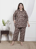 Plus Size Brown Cotton Floral Print Co-ord Set -1200027