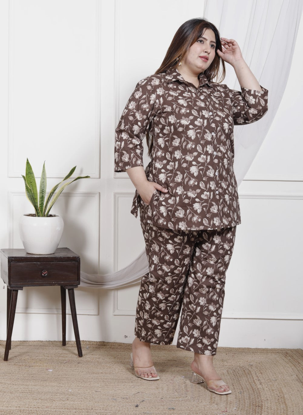 Plus Size Brown Cotton Floral Print Co-ord Set -1200027