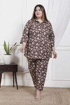 Plus Size Brown Cotton Floral Print Co-ord Set -1200027