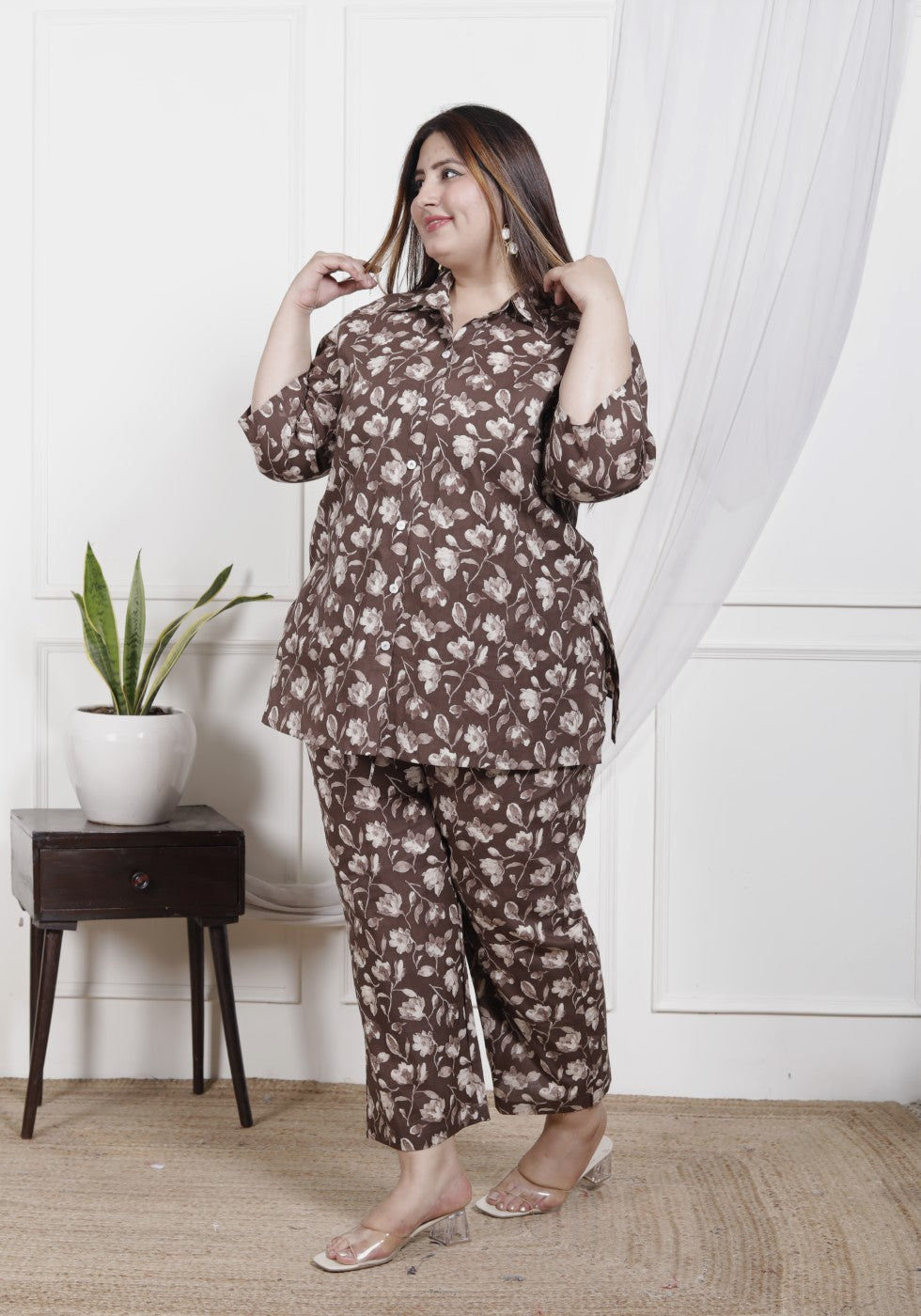 Plus Size Brown Cotton Floral Print Co-ord Set -1200027