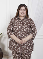 Plus Size Brown Cotton Floral Print Co-ord Set -1200027