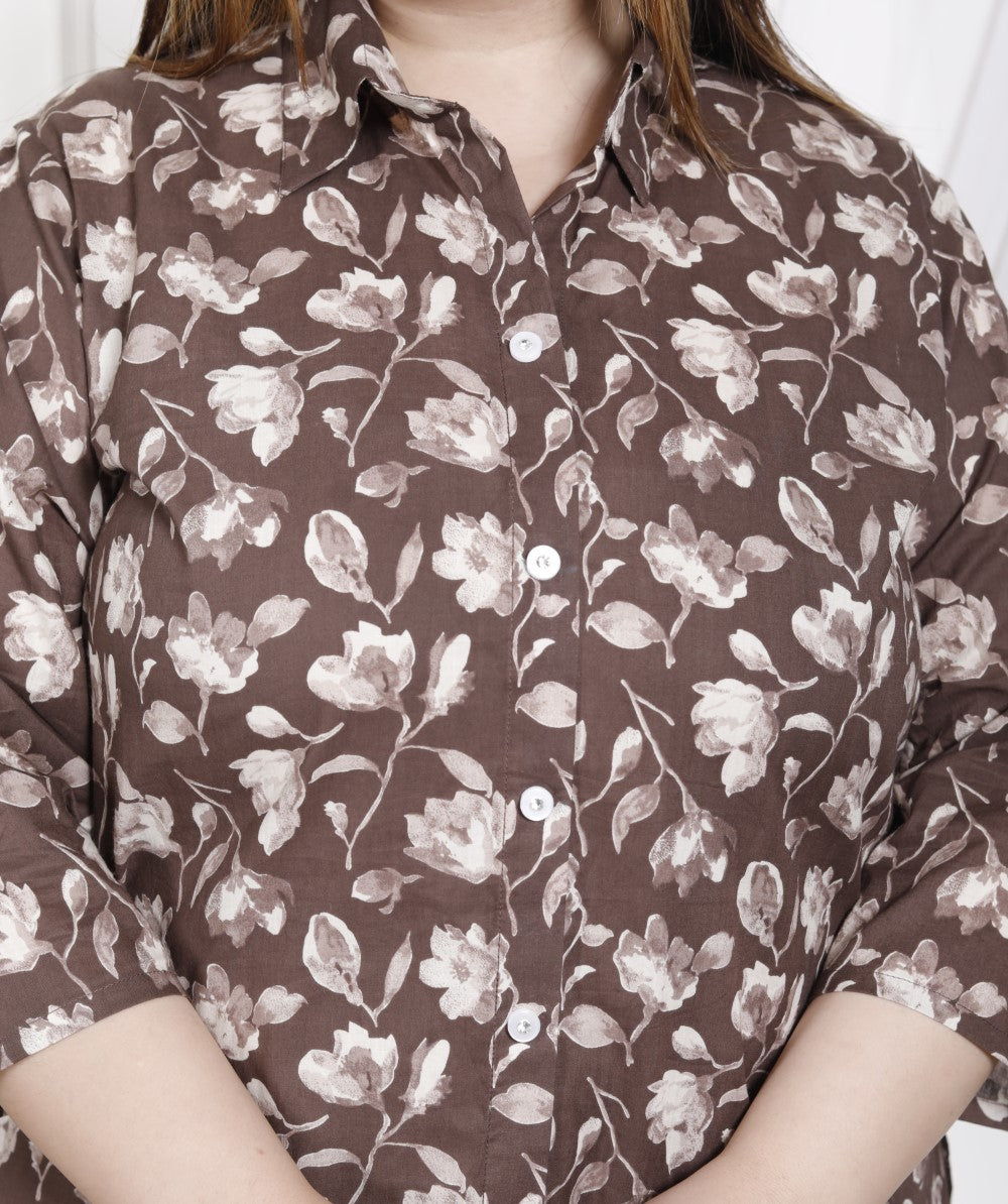 Plus Size Brown Cotton Floral Print Co-ord Set -1200027