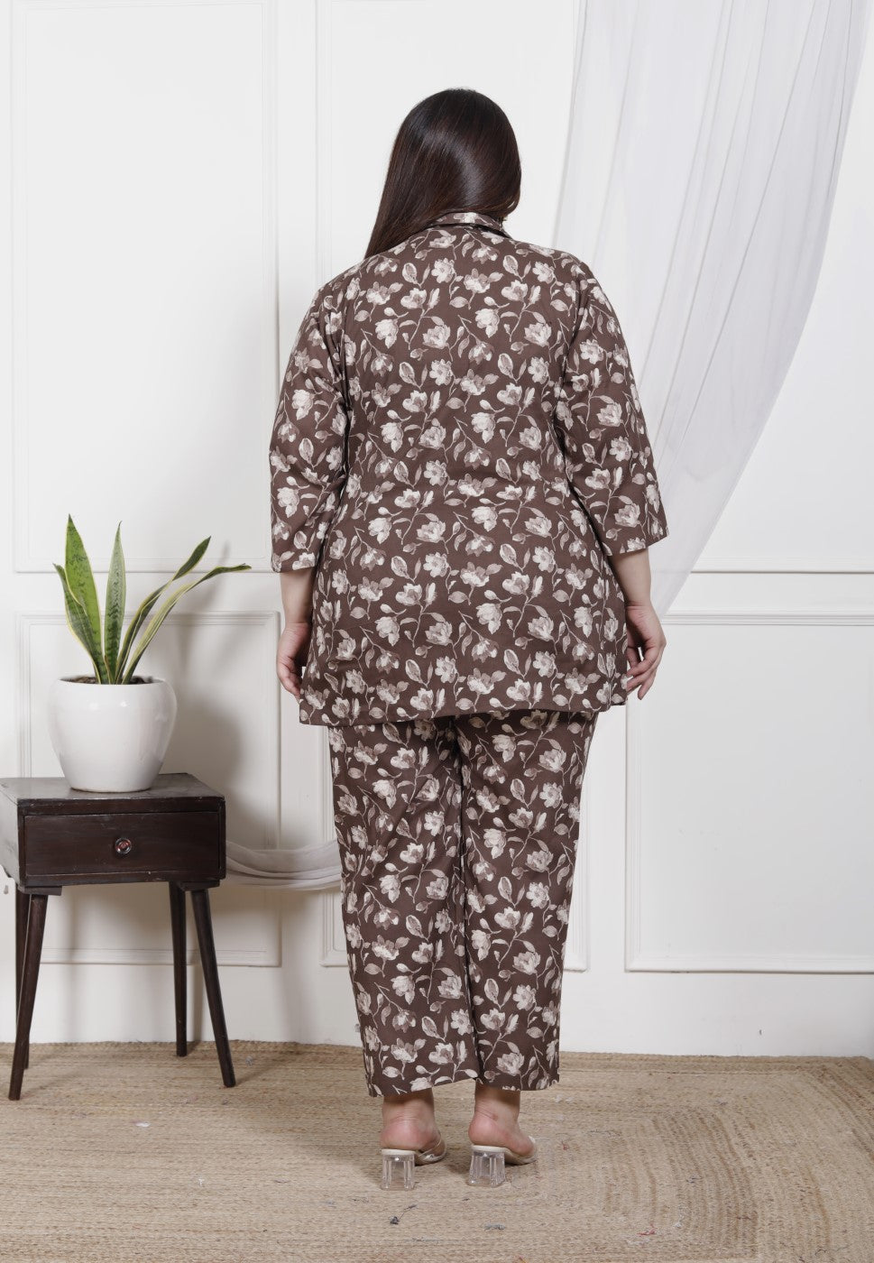 Plus Size Brown Cotton Floral Print Co-ord Set -1200027