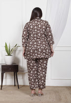 Plus Size Brown Cotton Floral Print Co-ord Set -1200027