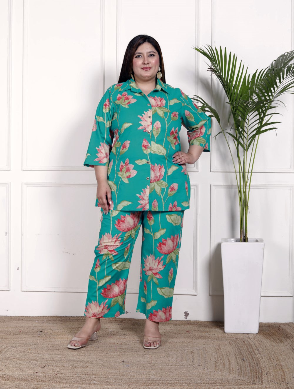 Plus Size Green Cotton Floral Print Co-ord Set -1200030