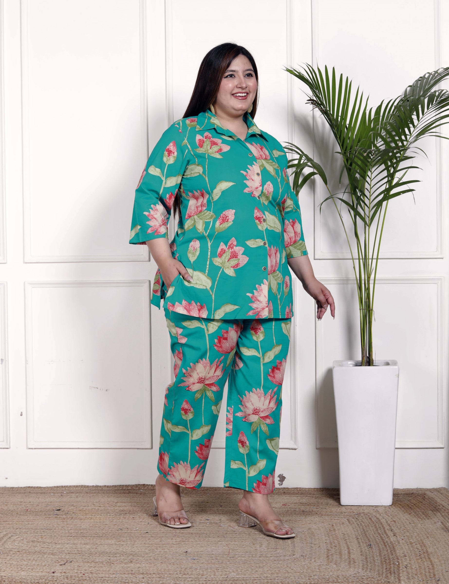 Plus Size Green Cotton Floral Print Co-ord Set -1200030