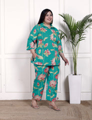 Plus Size Green Cotton Floral Print Co-ord Set -1200030