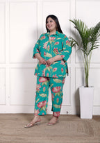 Plus Size Green Cotton Floral Print Co-ord Set -1200030