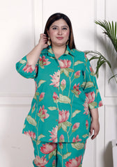 Plus Size Green Cotton Floral Print Co-ord Set -1200030