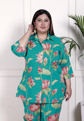 Plus Size Green Cotton Floral Print Co-ord Set -1200030