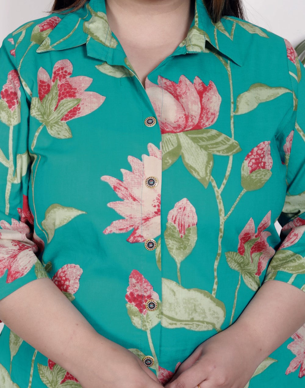 Plus Size Green Cotton Floral Print Co-ord Set -1200030