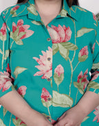 Plus Size Green Cotton Floral Print Co-ord Set -1200030
