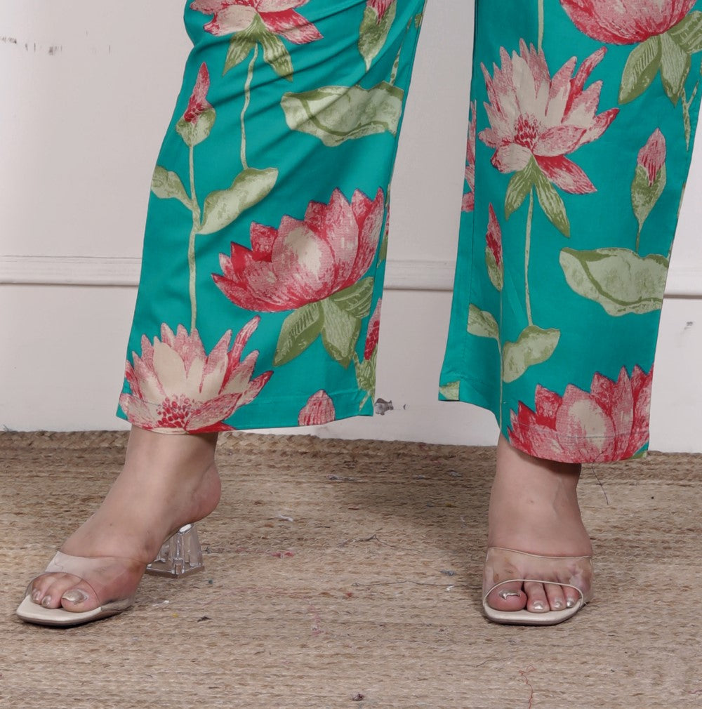 Plus Size Green Cotton Floral Print Co-ord Set -1200030