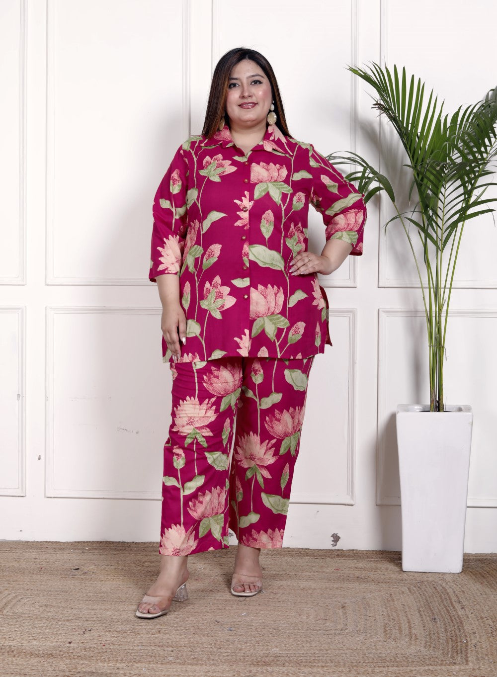 Plus Size Pink Cotton Floral Print Co-ord Set -1200031 Secondary image