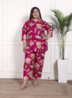Plus Size Pink Cotton Floral Print Co-ord Set -1200031