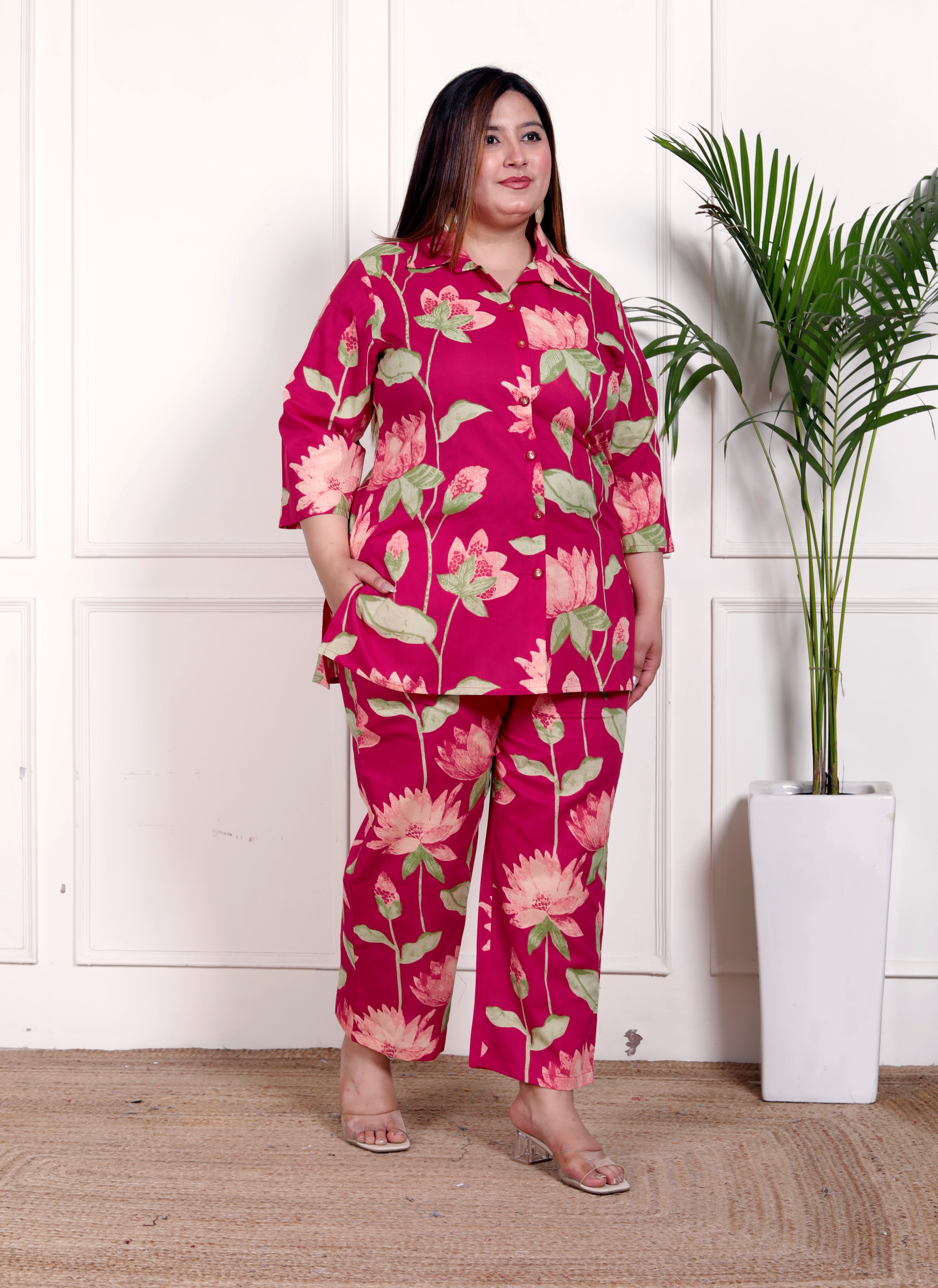 Plus Size Pink Cotton Floral Print Co-ord Set -1200031