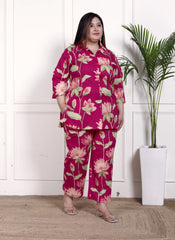 Plus Size Pink Cotton Floral Print Co-ord Set -1200031