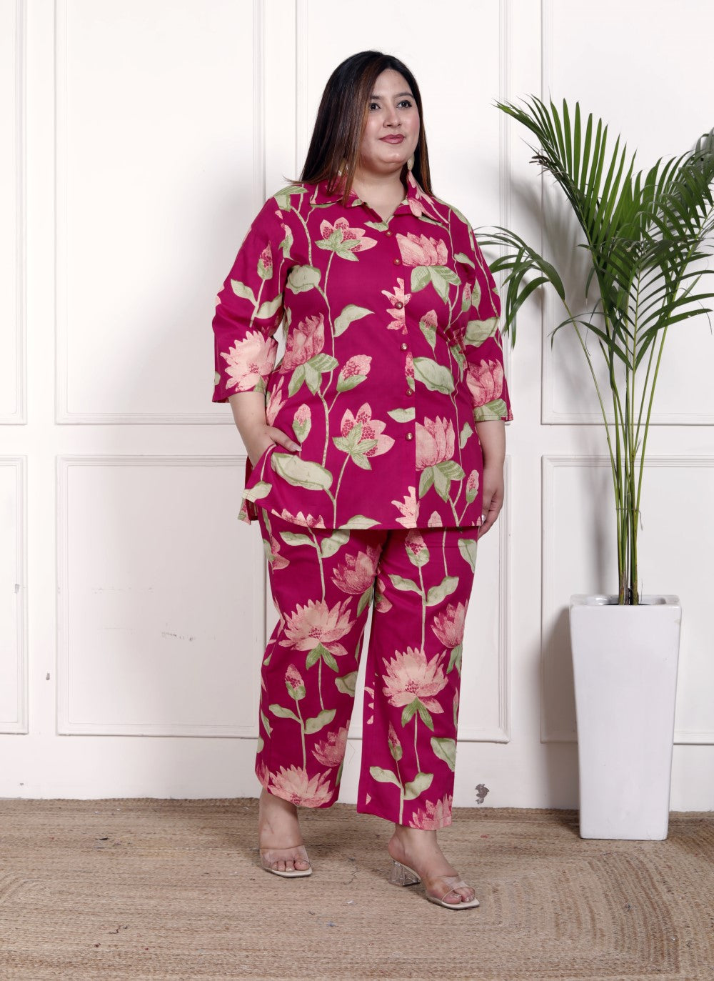 Plus Size Pink Cotton Floral Print Co-ord Set -1200031