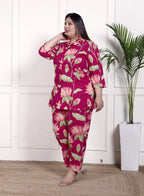 Plus Size Pink Cotton Floral Print Co-ord Set -1200031