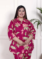 Plus Size Pink Cotton Floral Print Co-ord Set -1200031