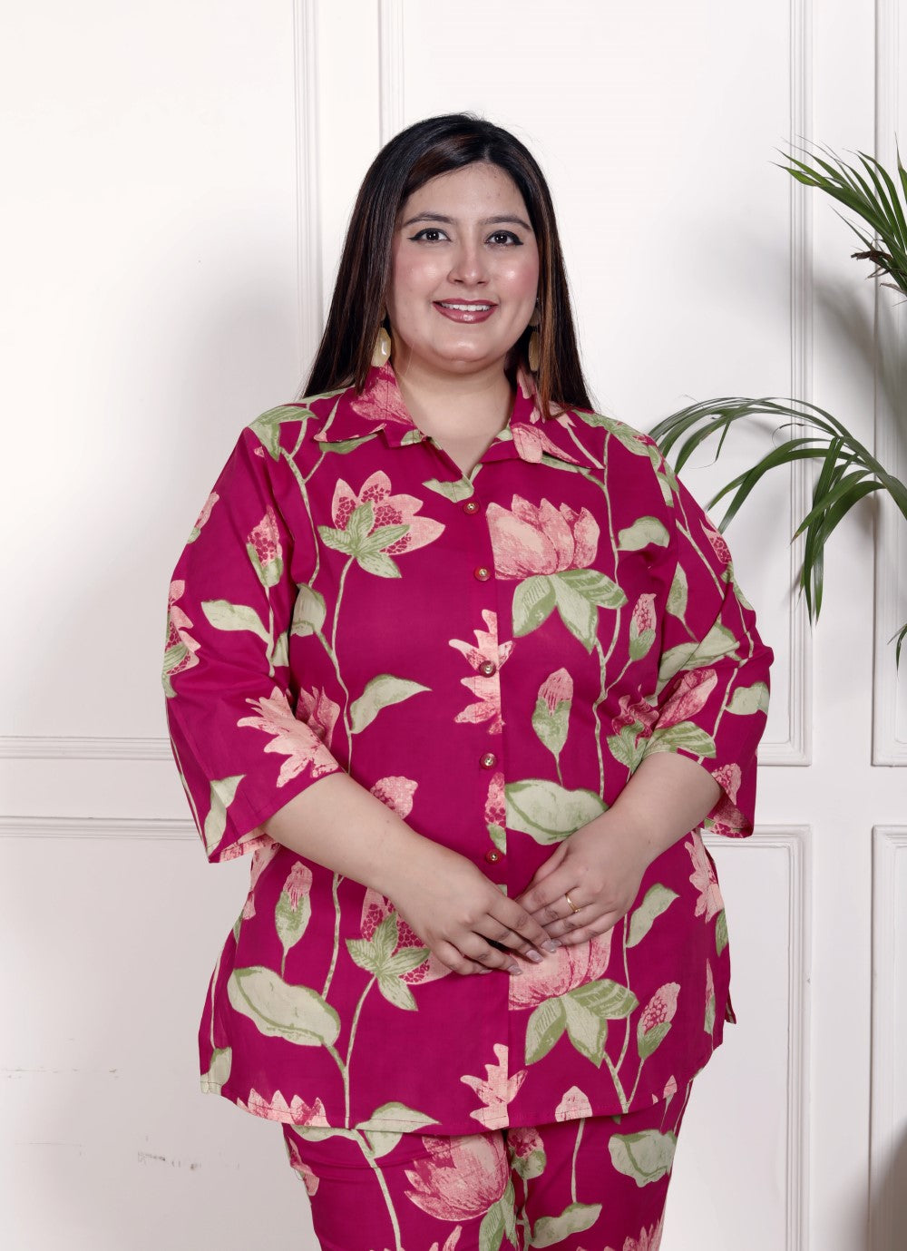 Plus Size Pink Cotton Floral Print Co-ord Set -1200031