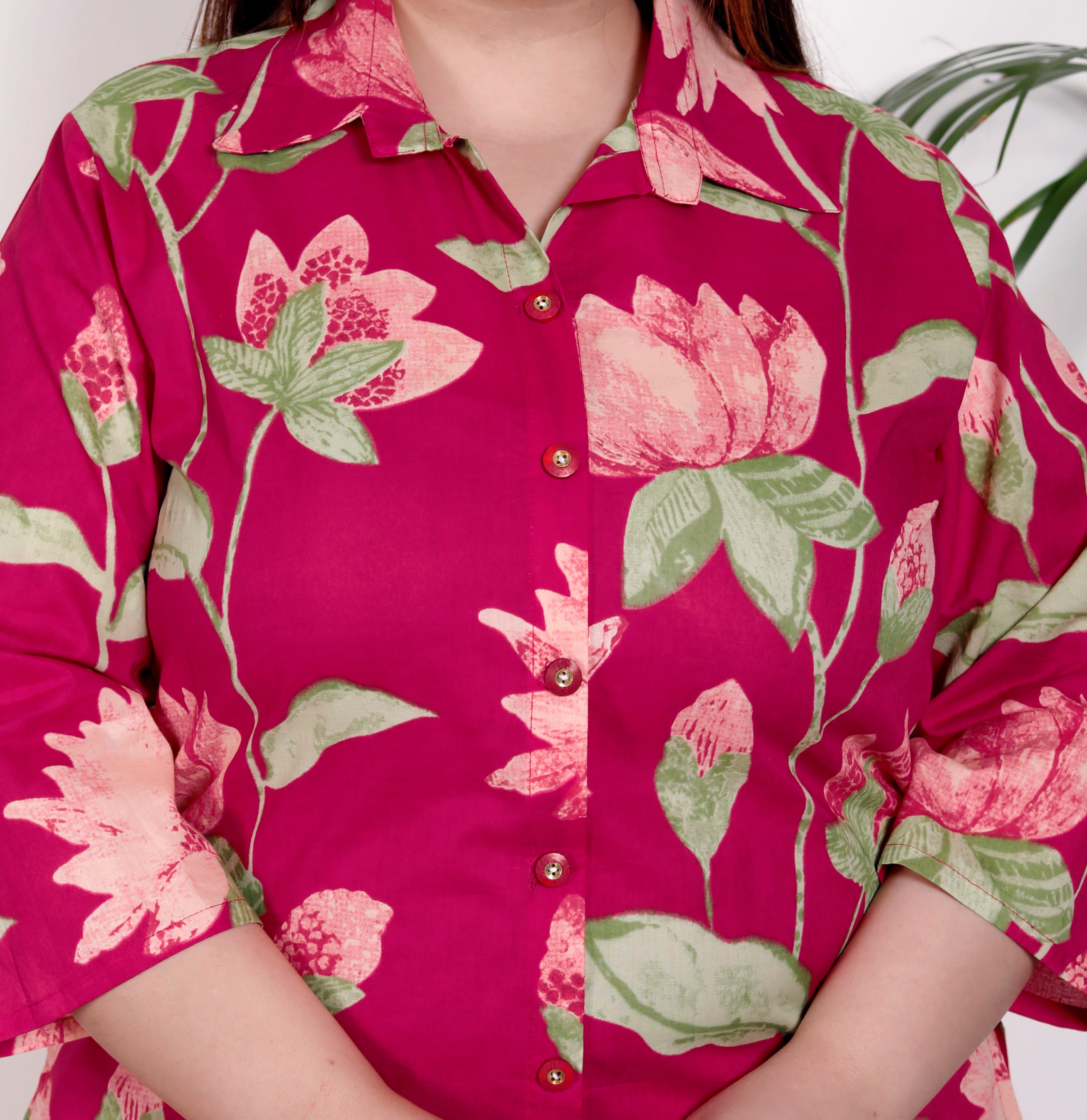 Plus Size Pink Cotton Floral Print Co-ord Set -1200031