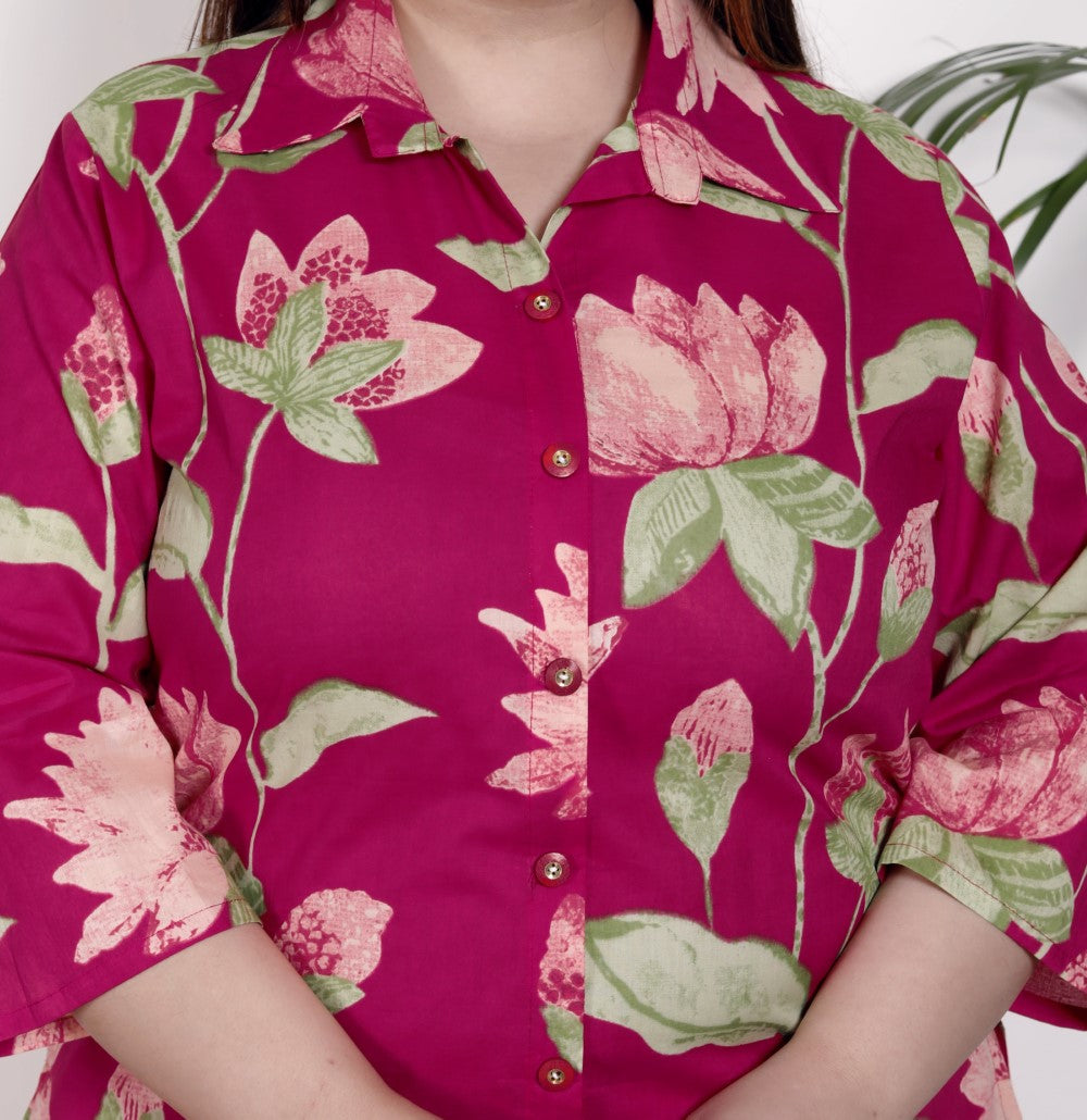 Plus Size Pink Cotton Floral Print Co-ord Set -1200031