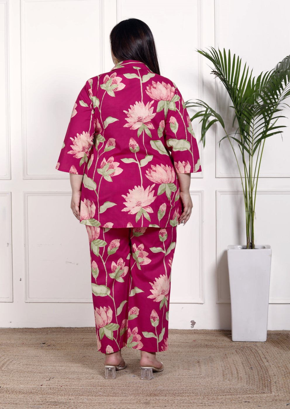 Plus Size Pink Cotton Floral Print Co-ord Set -1200031