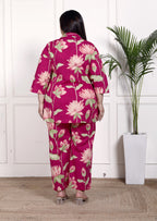 Plus Size Pink Cotton Floral Print Co-ord Set -1200031