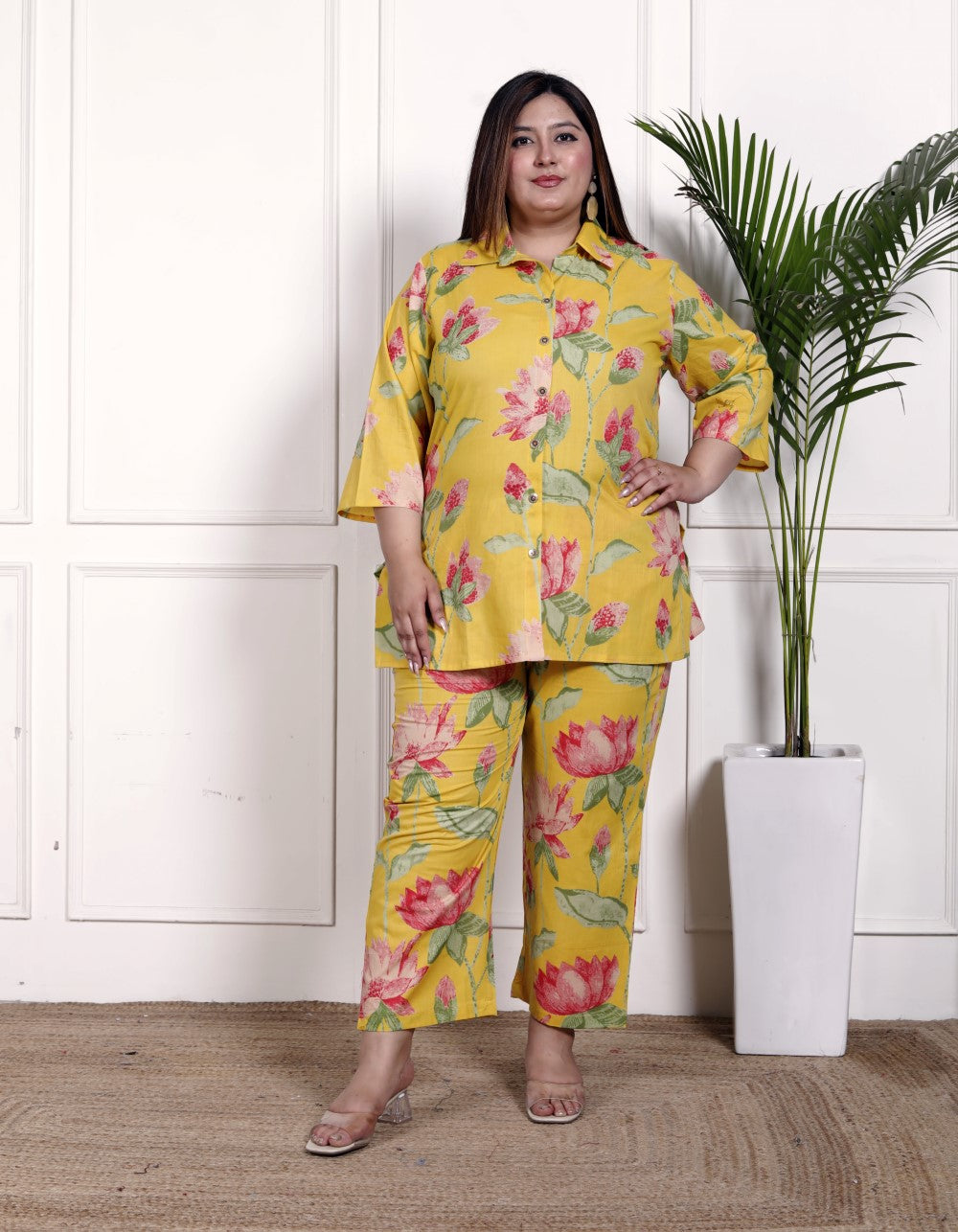 Plus Size Yellow Cotton Floral Print Co-ord Set -1200032 Main image