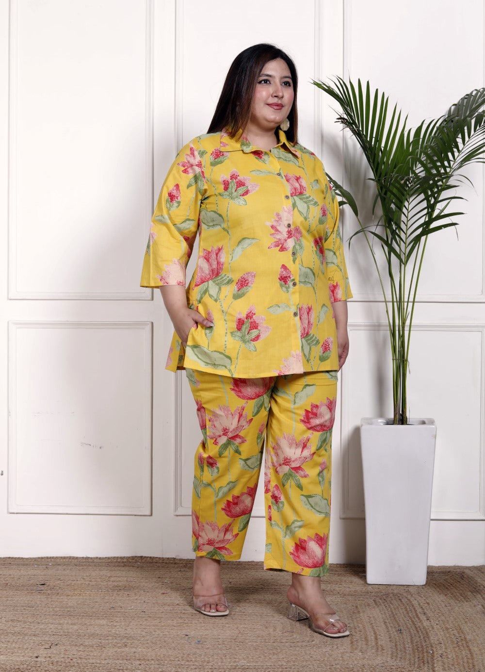 Plus Size Yellow Cotton Floral Print Co-ord Set -1200032
