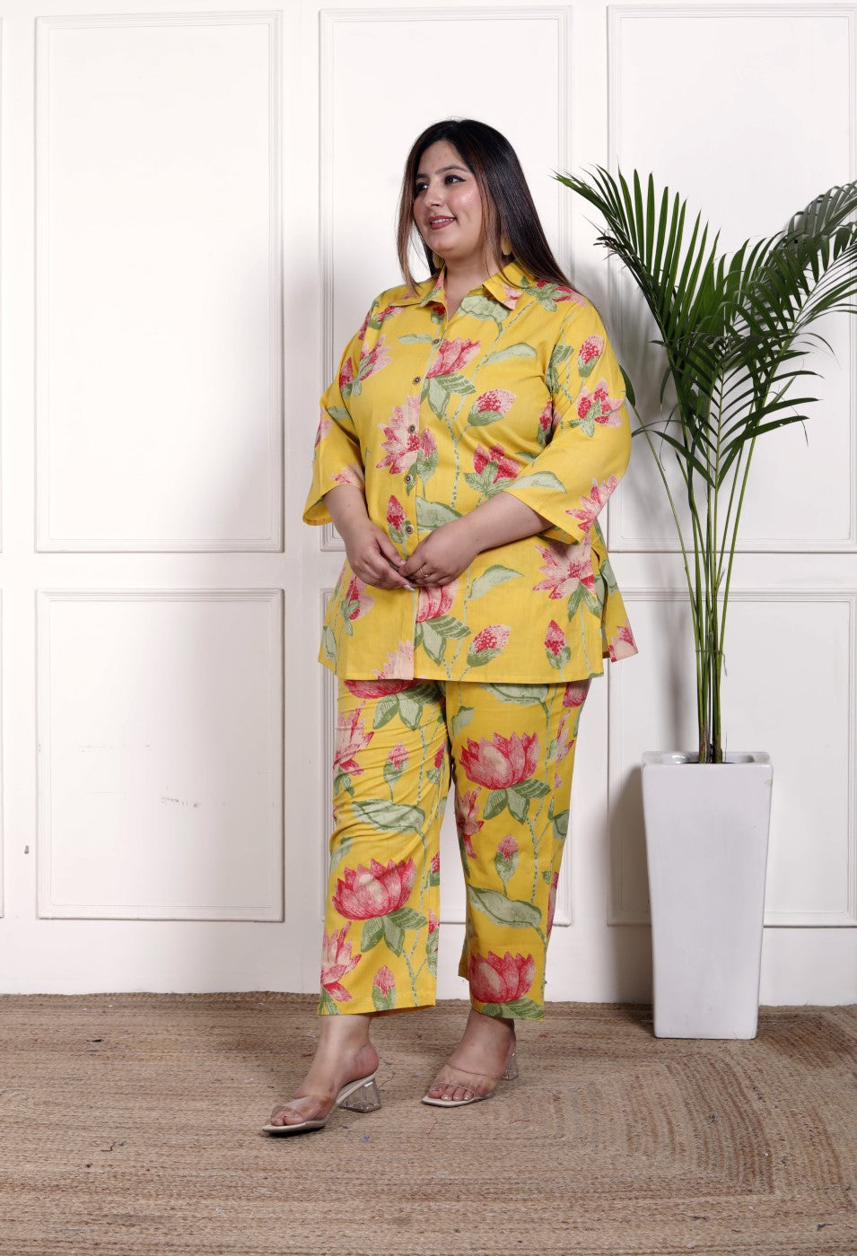 Plus Size Yellow Cotton Floral Print Co-ord Set -1200032