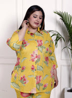 Plus Size Yellow Cotton Floral Print Co-ord Set -1200032