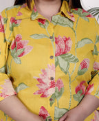 Plus Size Yellow Cotton Floral Print Co-ord Set -1200032