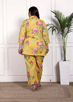 Plus Size Yellow Cotton Floral Print Co-ord Set -1200032