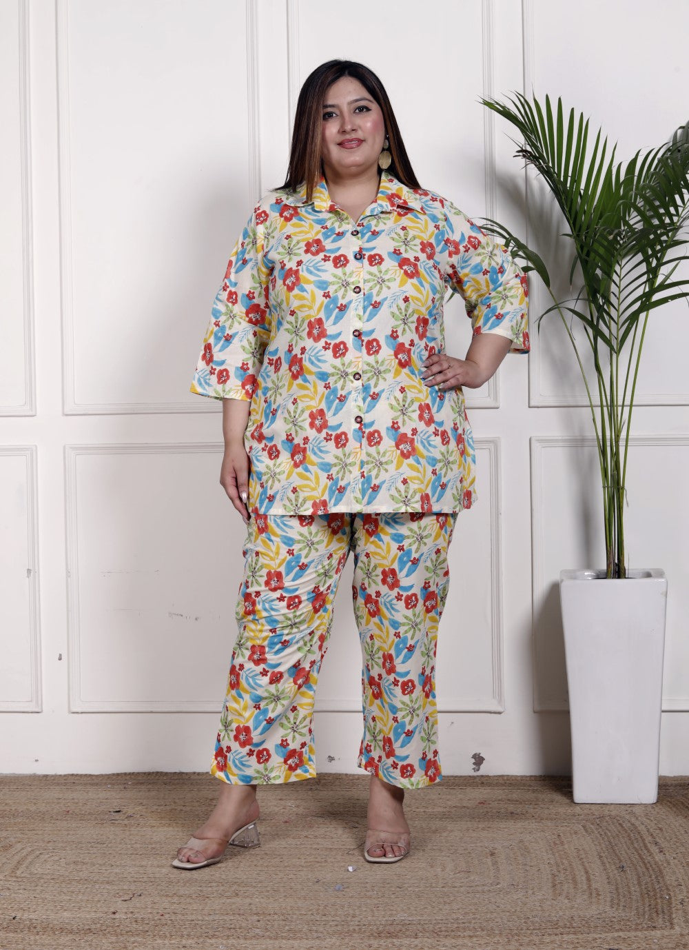 Plus Size Off White Cotton Floral Print Co-ord Set -1200033 Secondary image