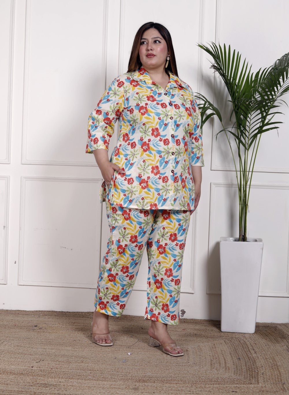 Plus Size Off White Cotton Floral Print Co-ord Set -1200033