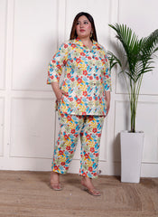 Plus Size Off White Cotton Floral Print Co-ord Set -1200033