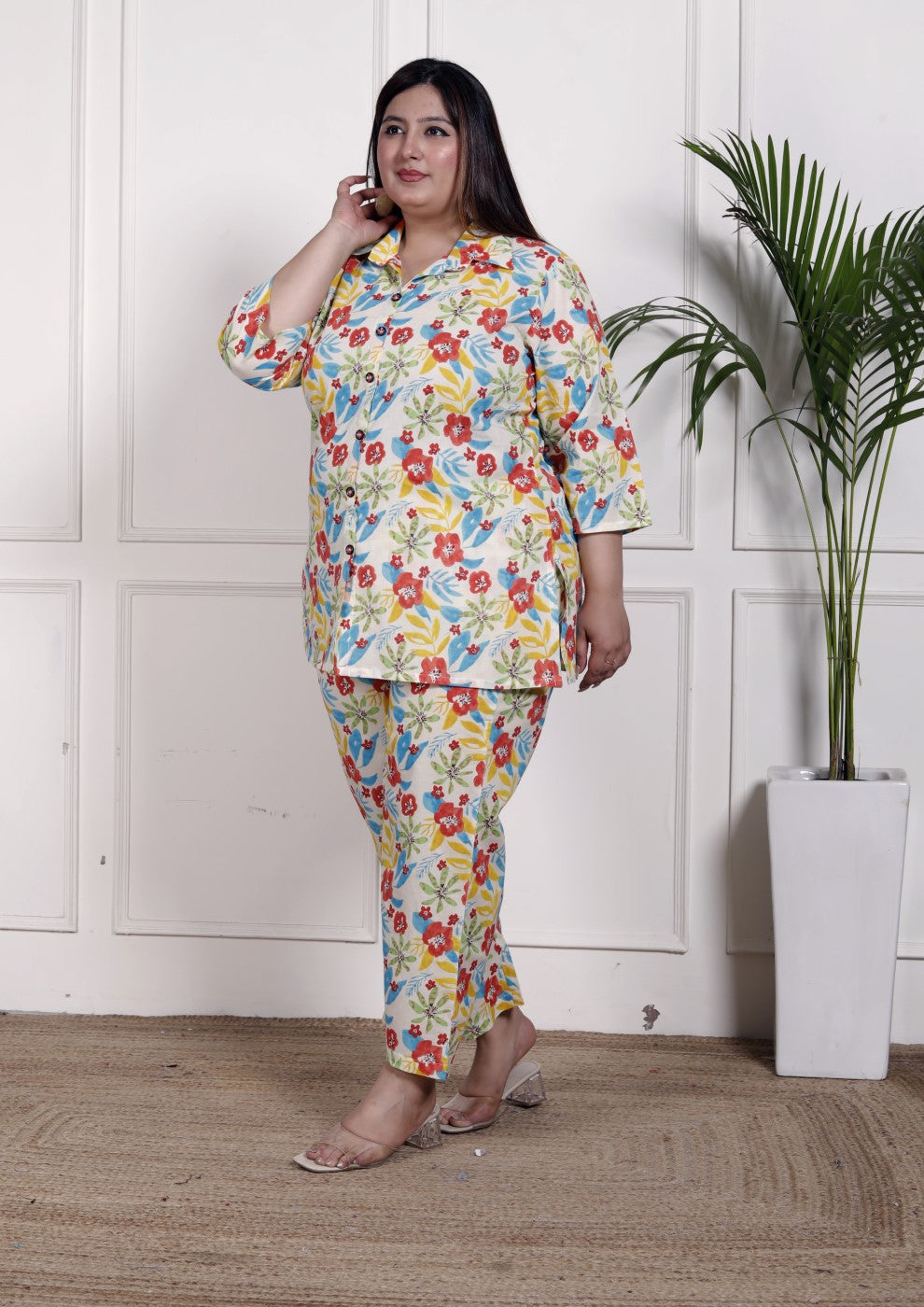 Plus Size Off White Cotton Floral Print Co-ord Set -1200033