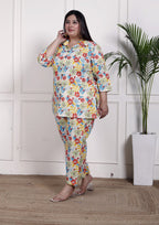 Plus Size Off White Cotton Floral Print Co-ord Set -1200033