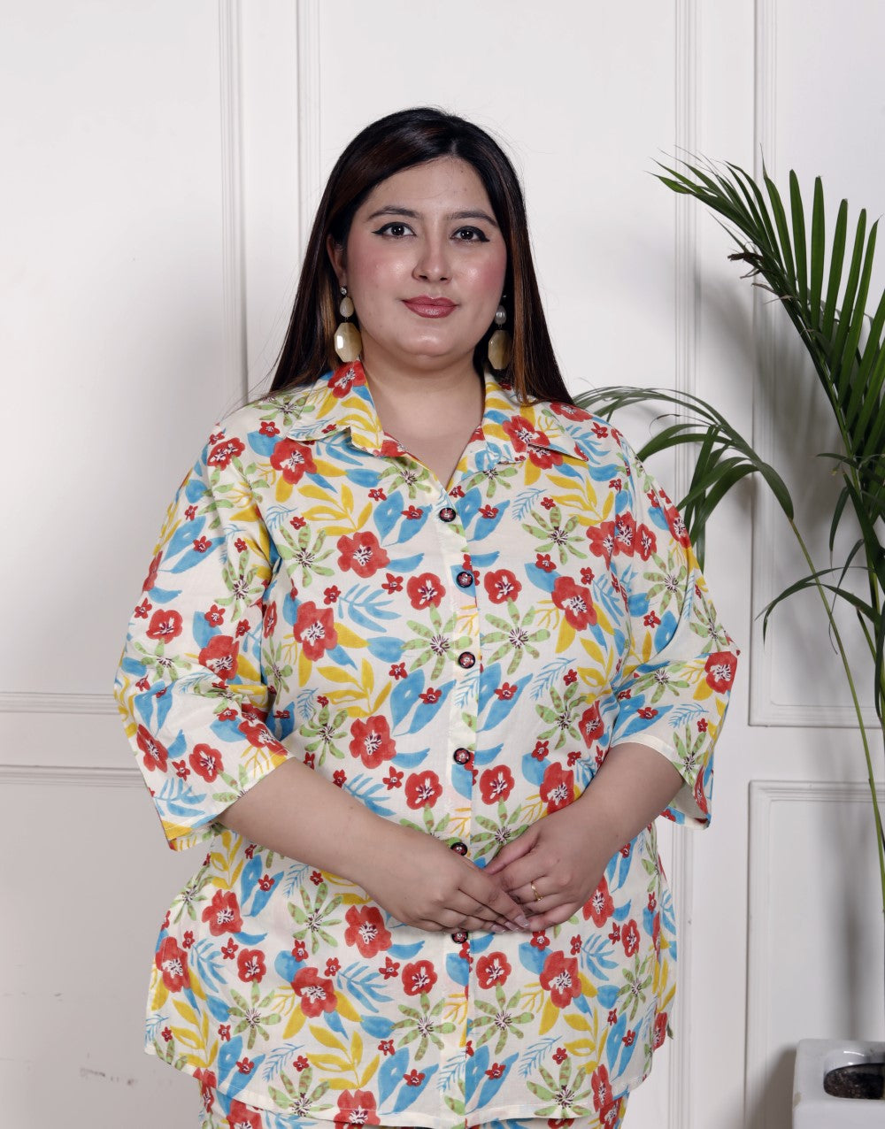 Plus Size Off White Cotton Floral Print Co-ord Set -1200033