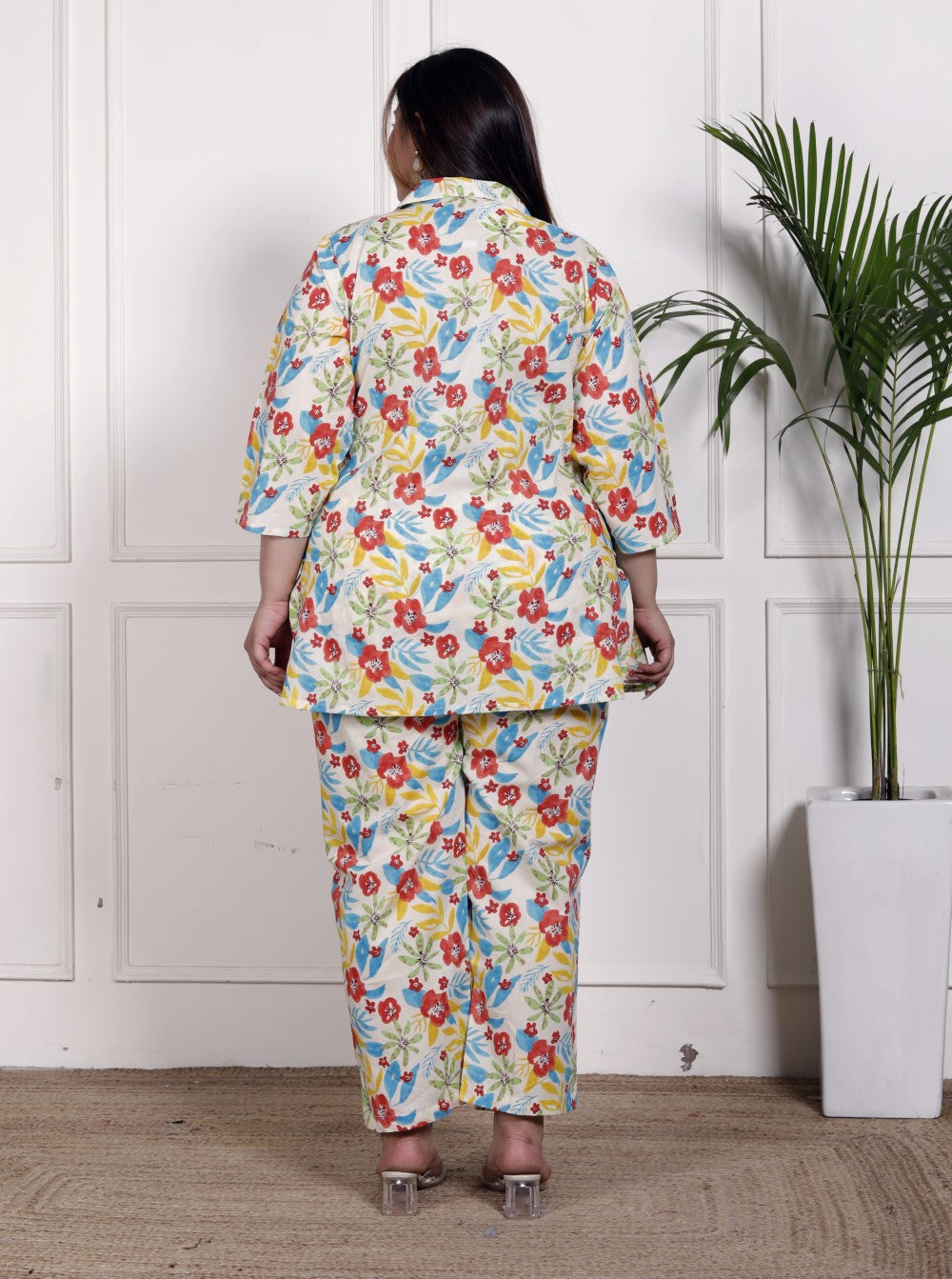 Plus Size Off White Cotton Floral Print Co-ord Set -1200033