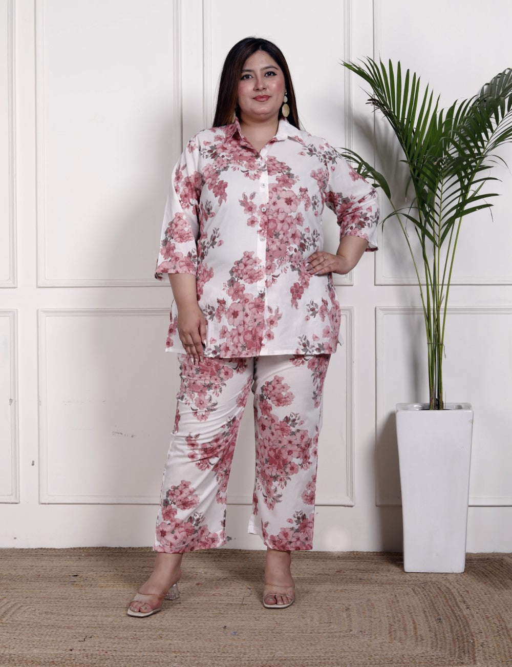 Plus Size Pink Cotton Floral Print Co-ord Set -1200034 Main image