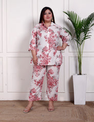 Plus Size Pink Cotton Floral Print Co-ord Set -1200034