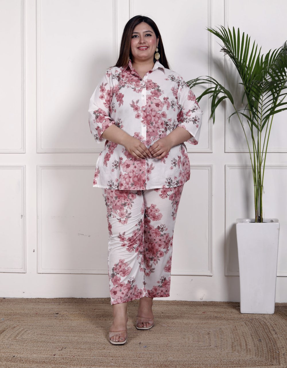 Plus Size Pink Cotton Floral Print Co-ord Set -1200034