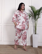 Plus Size Pink Cotton Floral Print Co-ord Set -1200034