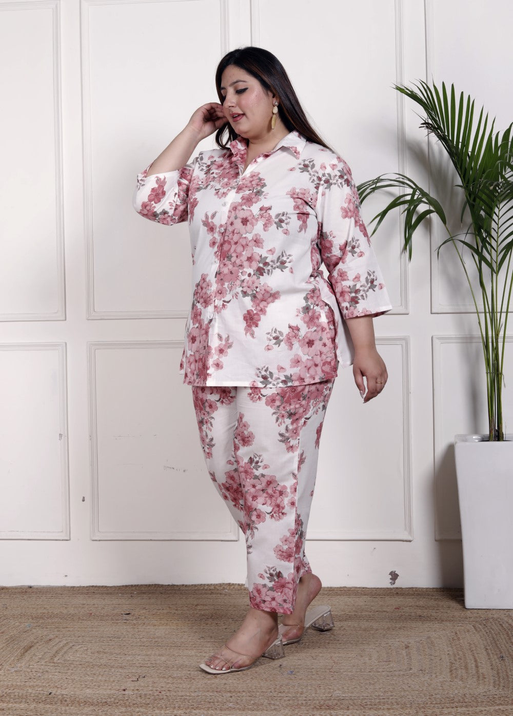 Plus Size Pink Cotton Floral Print Co-ord Set -1200034