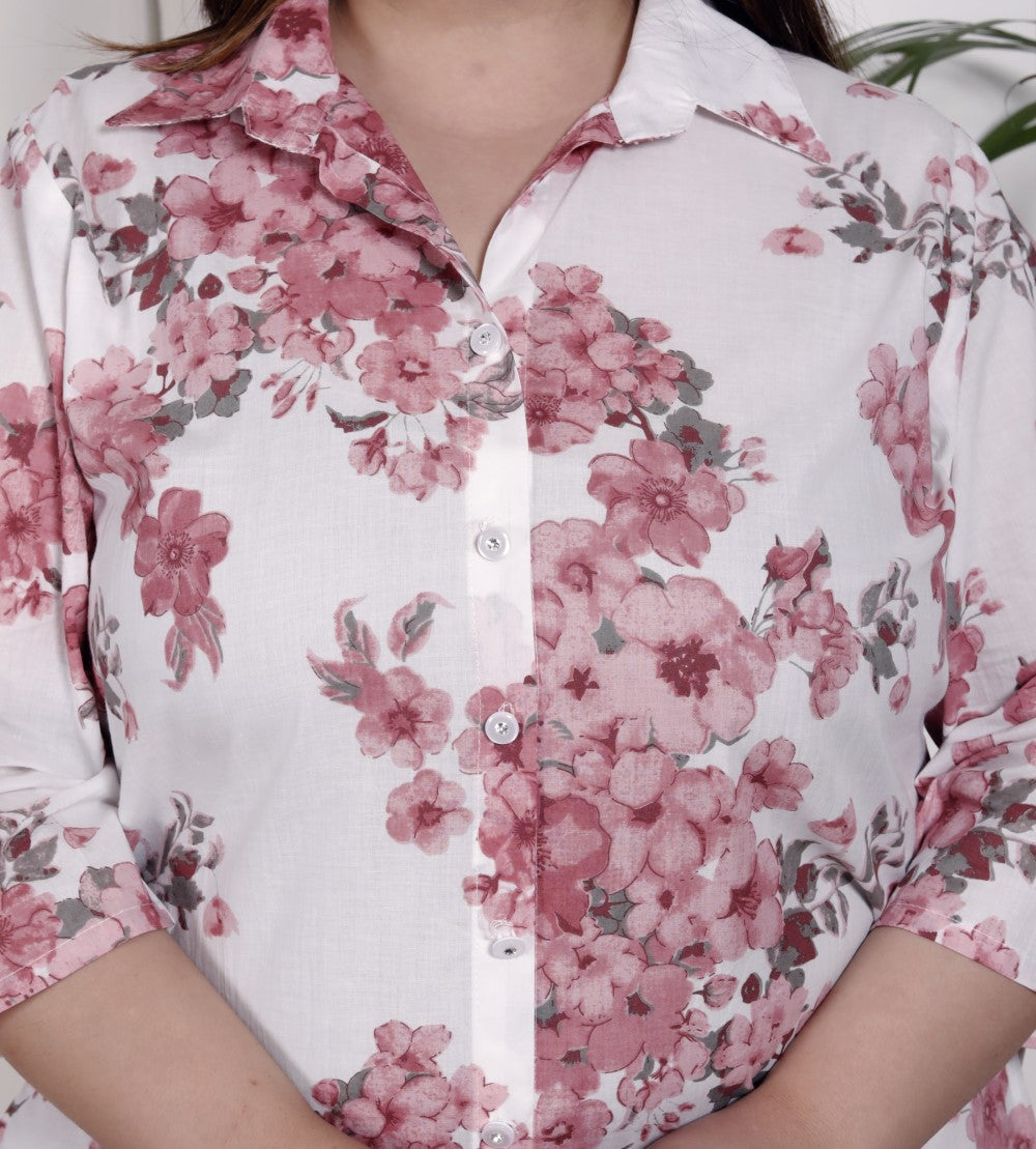 Plus Size Pink Cotton Floral Print Co-ord Set -1200034