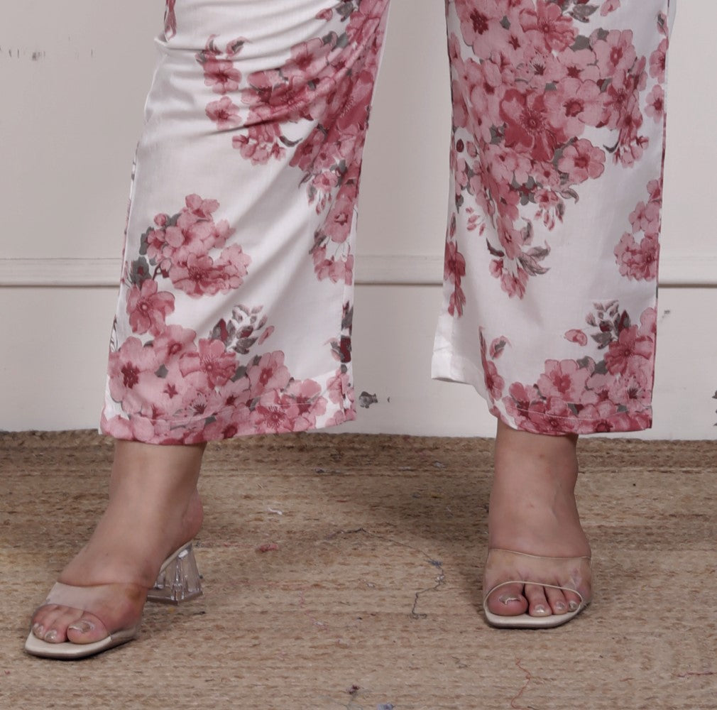 Plus Size Pink Cotton Floral Print Co-ord Set -1200034