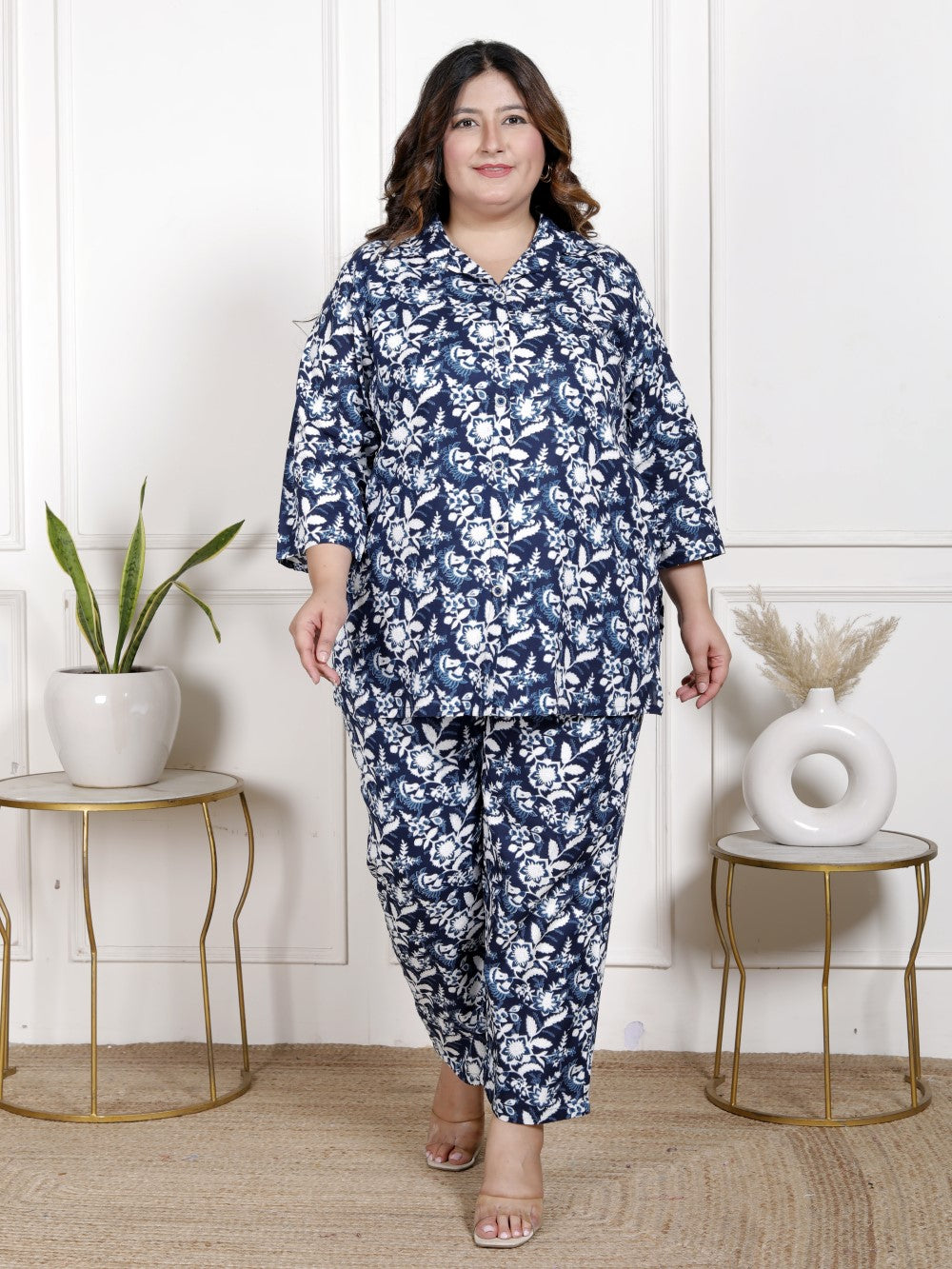 Plus Size Blue Cotton Blend Floral Print Co-ord Set -1200035